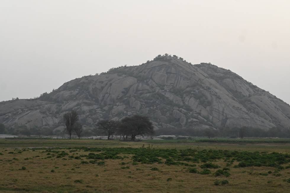 A massive granite hill rising above green fields near Jawai Bandh, Rajasthan