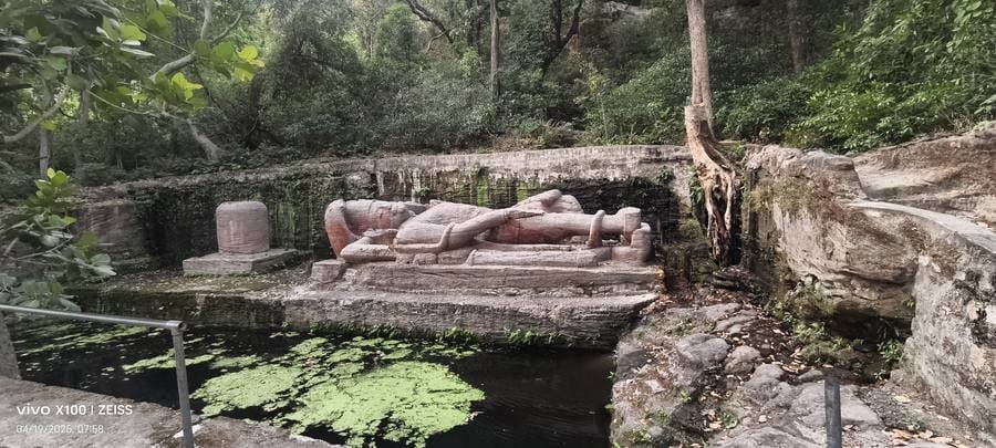 The Sheshshaiya reclining Vishnu sculpture beside a water tank in Bandhavgarh